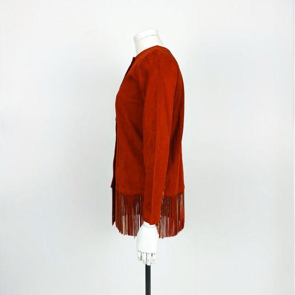 Vintage 90’s Fringe Trimmed Genuine Suede Leather Jacket in Mandarin Red Size 2 - Picture 5 of 10
